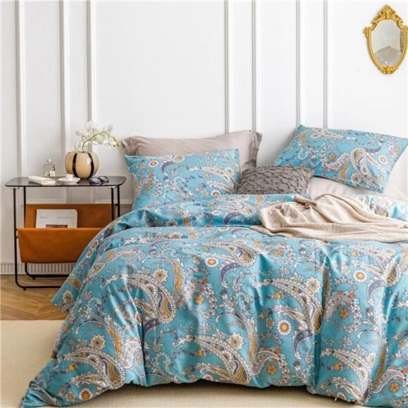 Duvet Cover 3 Pieces Set 1 Vintage Triangle Pattern Duvet Cover - Blue Paisley